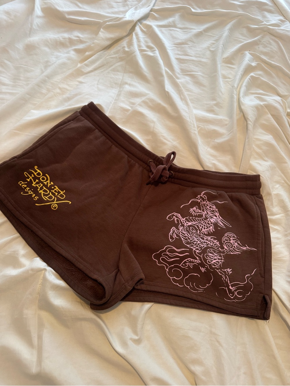 Ed Hardy Brown Graphic Women's Shorts with Pink Dragon Print